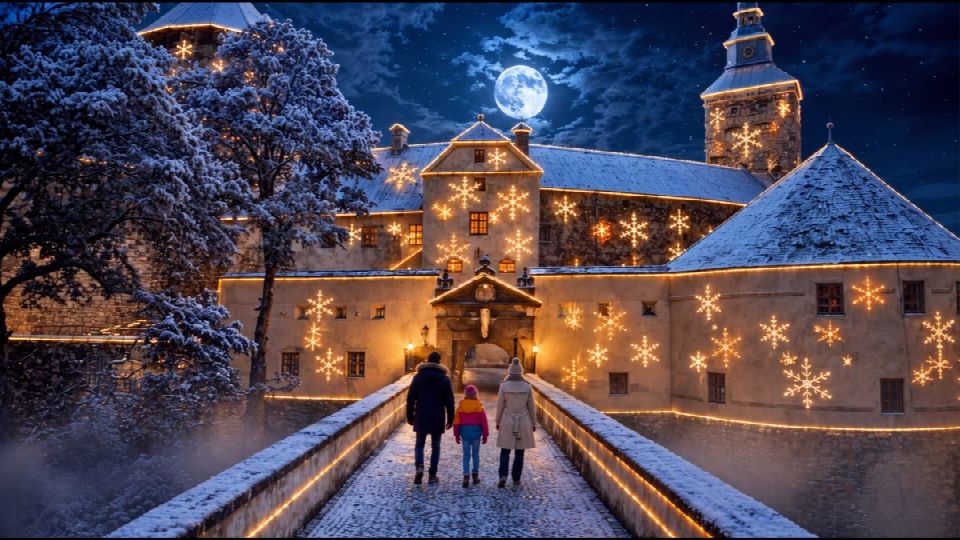 Familie auf der beleuchteten Burg Schlaining (KI-generiertes Bild)